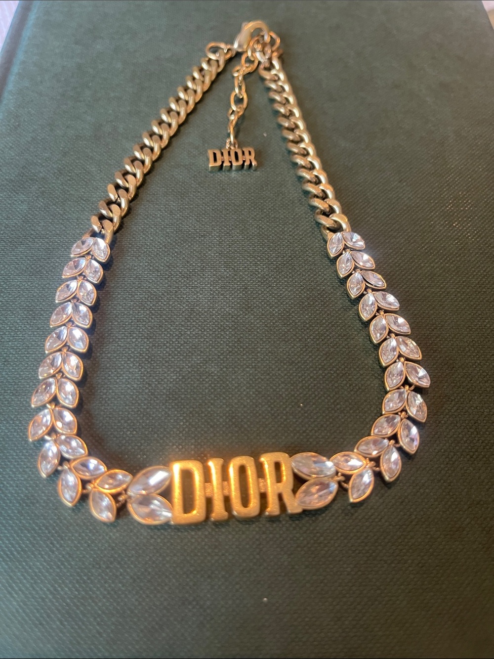 Dior Gold Tone Logo choker Necklace with Clear Crystal Leaves